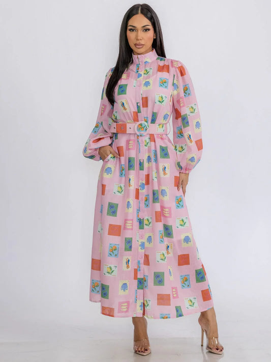 Long Sleeve Button Up Multi Print Maxi Dress