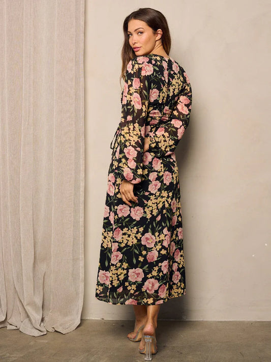 Women's Long Puff Sleeve Side Ruched Maxi Dress