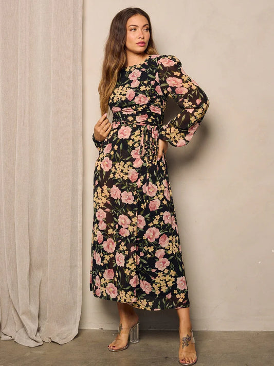 Women's Long Puff Sleeve Side Ruched Maxi Dress