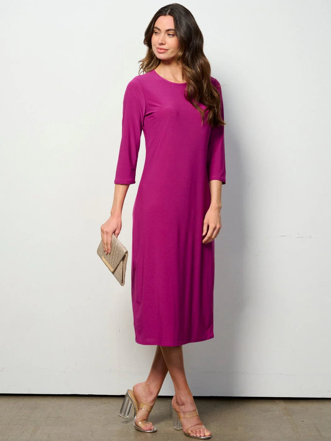 3/4 Sleeves Solid Midi Dress