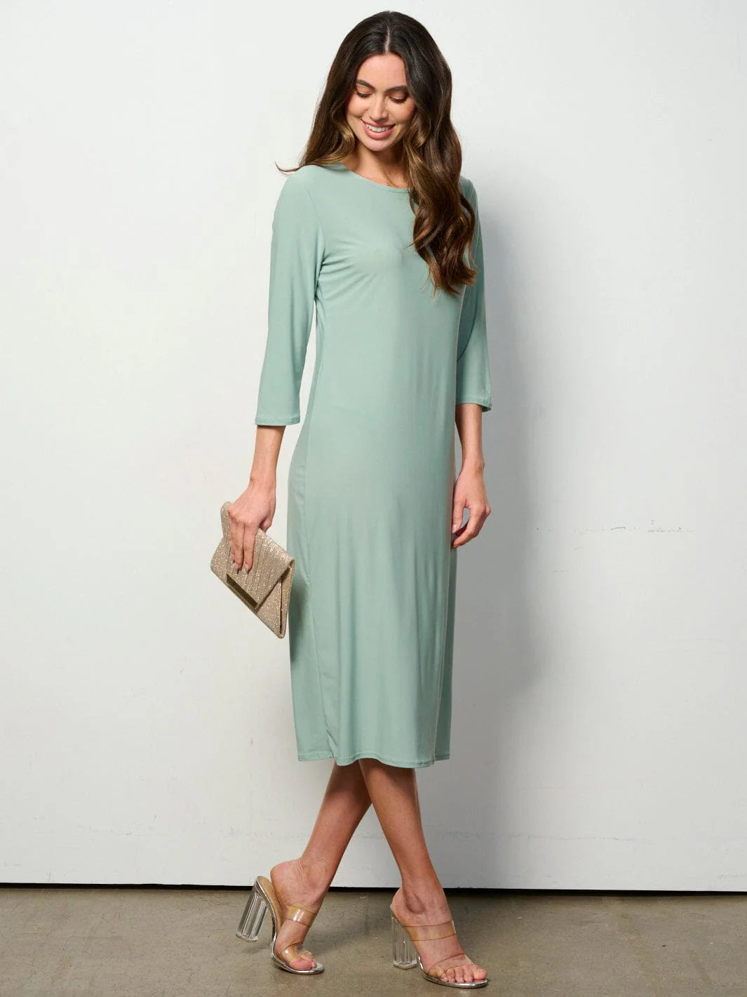 3/4 Sleeves Solid Midi Dress