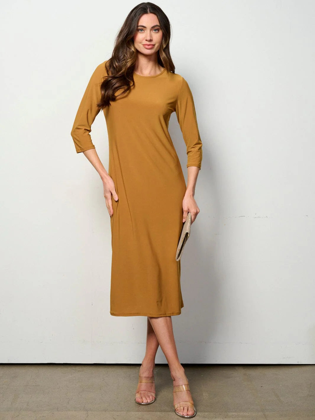 3/4 Sleeves Solid Midi Dress