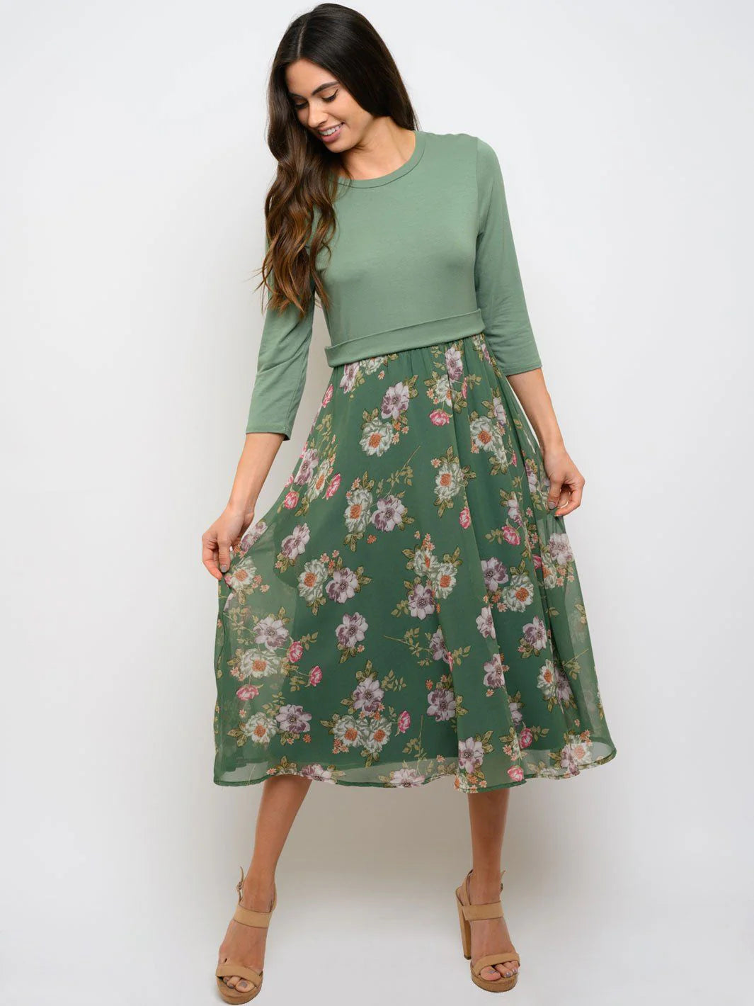 3/4 Sleeve Floral Contrast Midi Dress