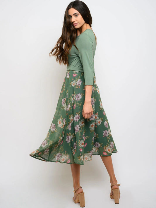 3/4 Sleeve Floral Contrast Midi Dress