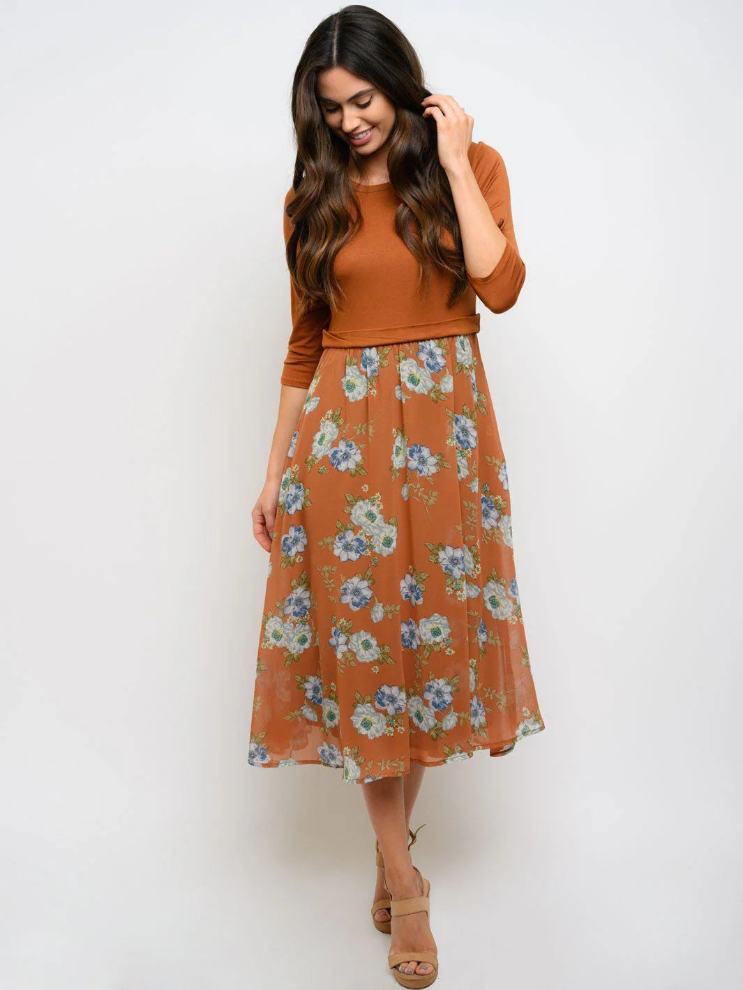 3/4 Sleeve Floral Contrast Midi Dress