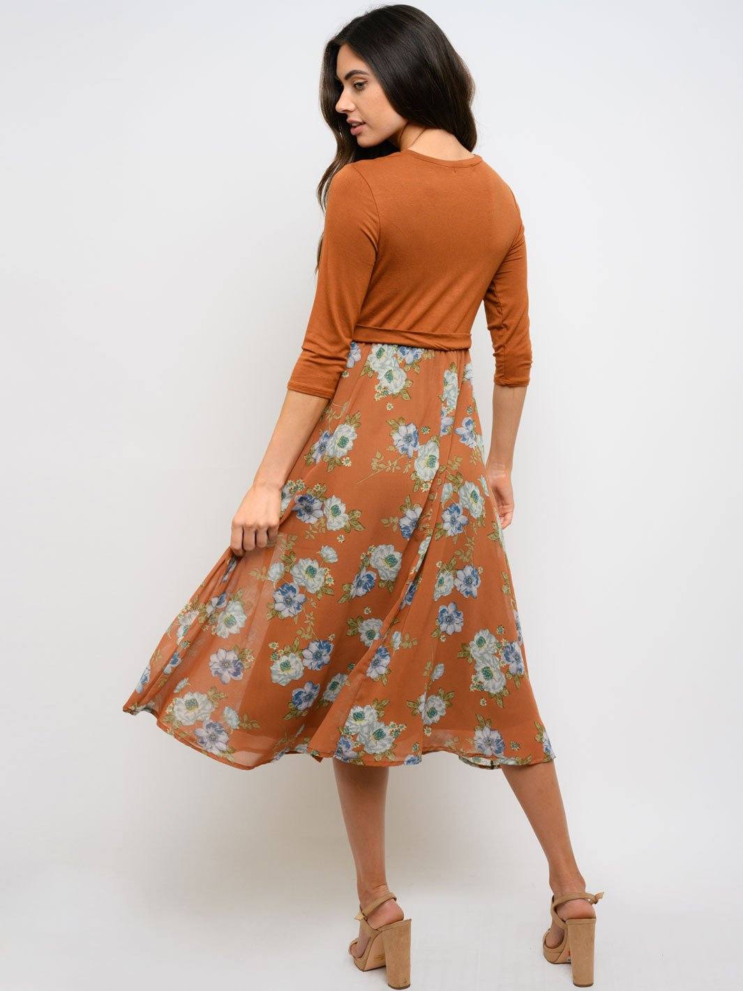 3/4 Sleeve Floral Contrast Midi Dress