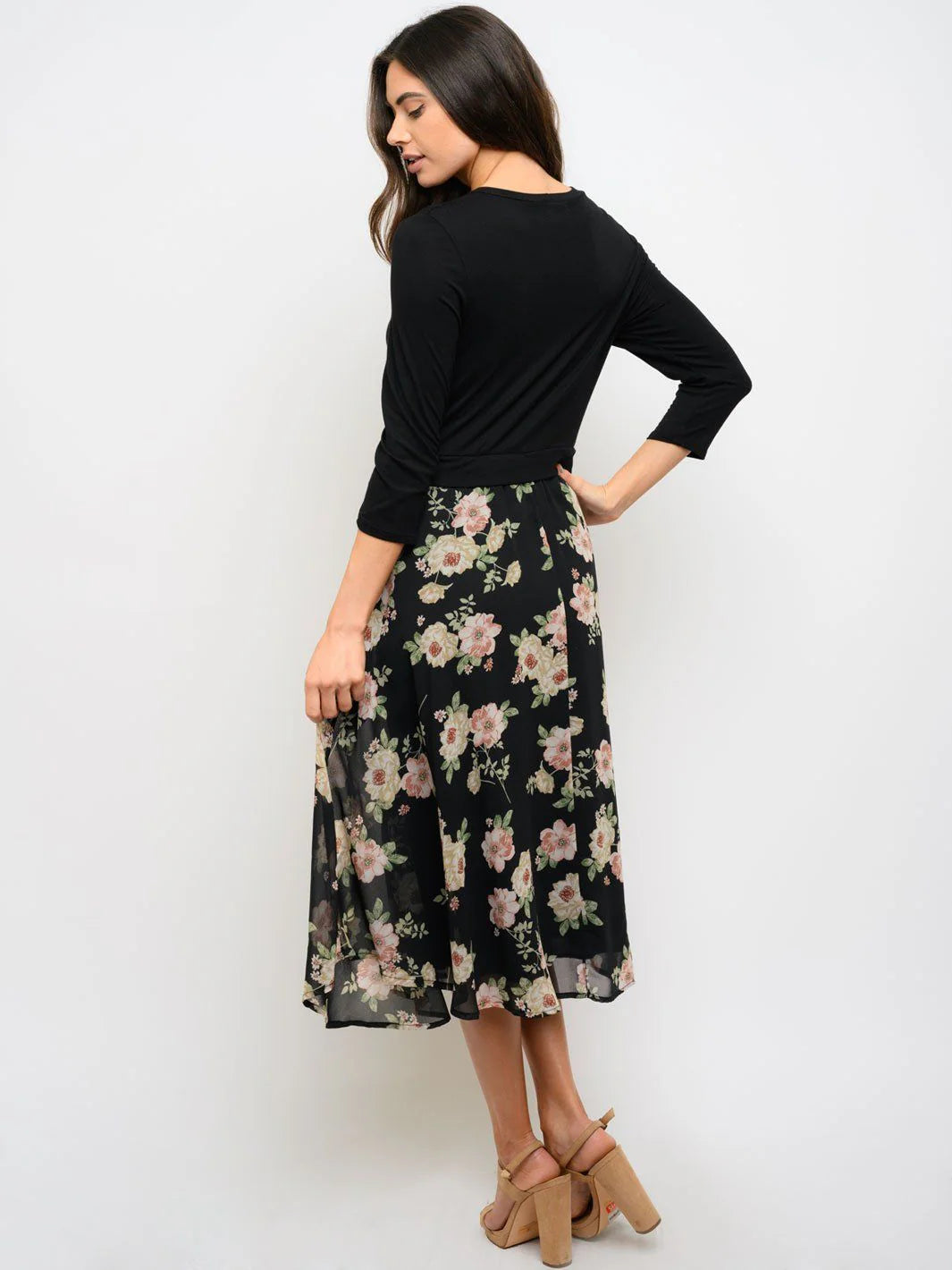 3/4 Sleeve Floral Contrast Midi Dress