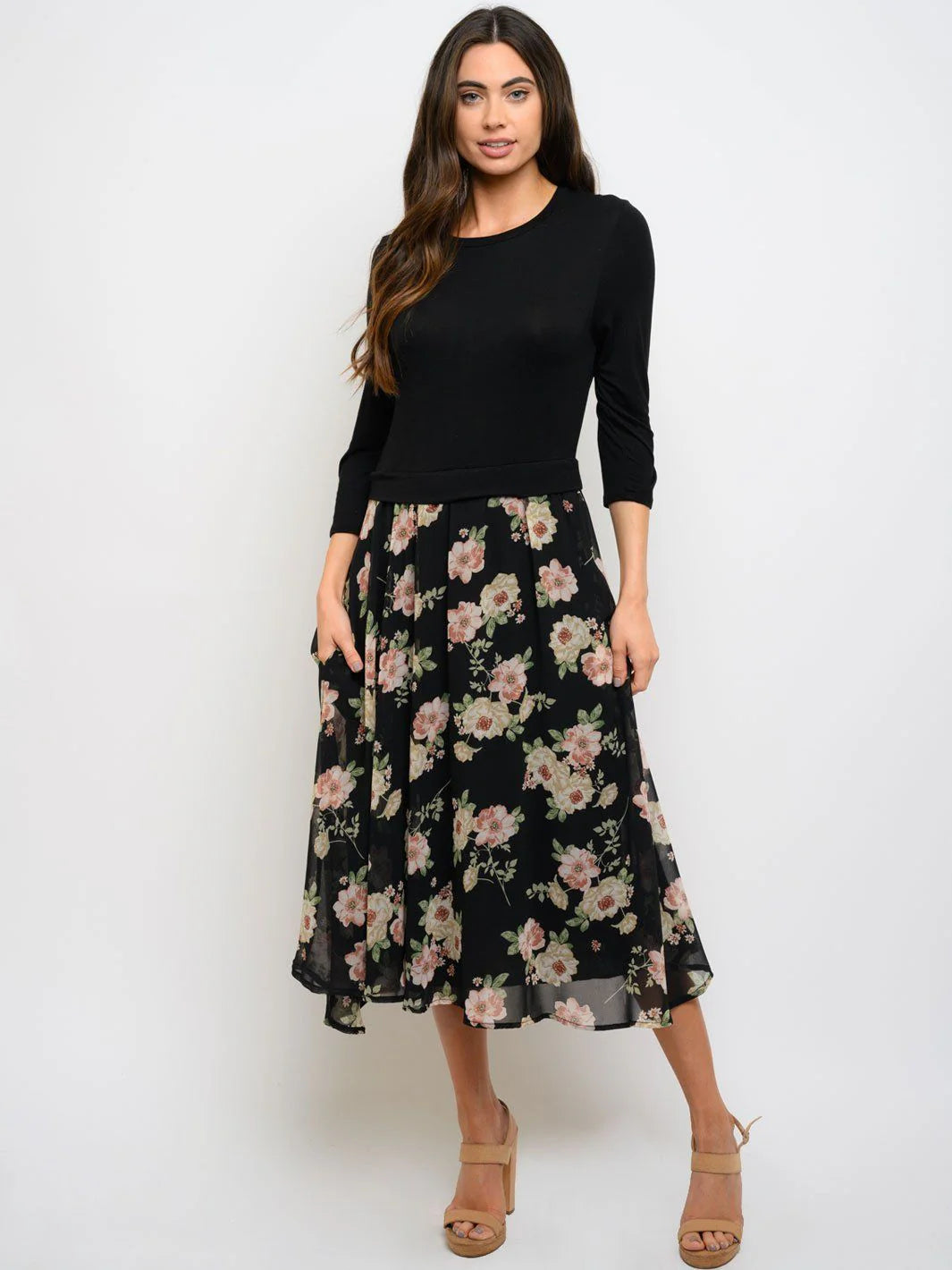 3/4 Sleeve Floral Contrast Midi Dress