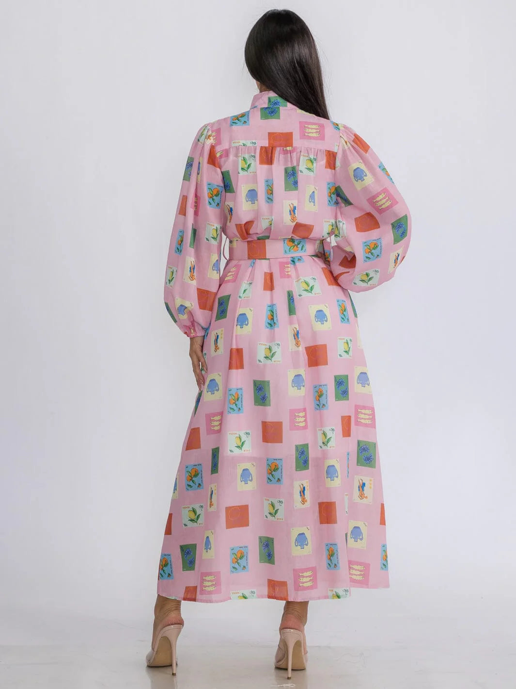 Long Sleeve Button Up Multi Print Maxi Dress