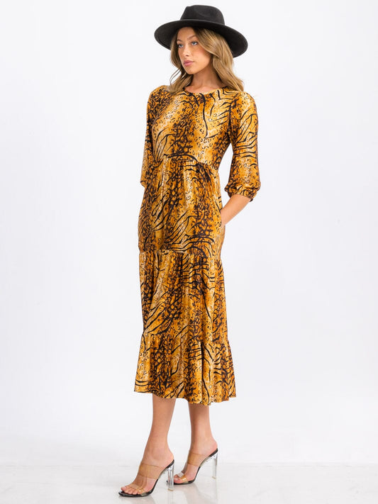 3/4 Sleeve Multi Print Tiered Midi Dress