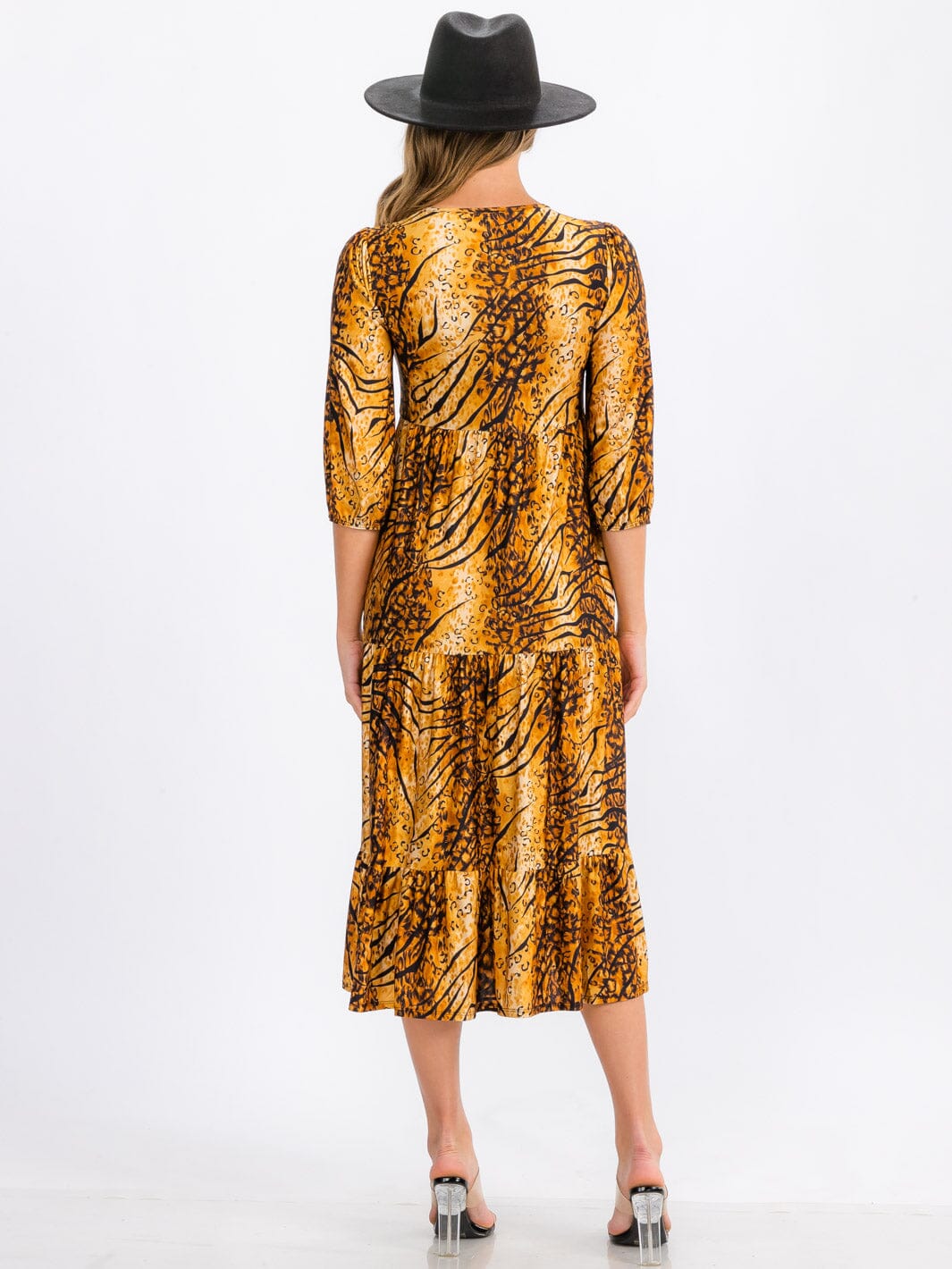 3/4 Sleeve Multi Print Tiered Midi Dress