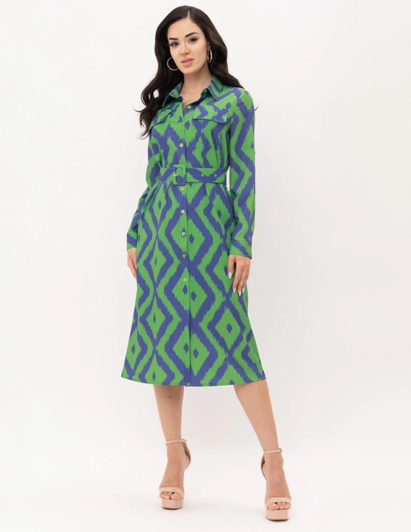 Long Sleeve Button Up Printed Midi Dress