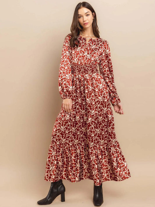 Long Sleeve Mock Neck Tiered Leaf Maxi Dress