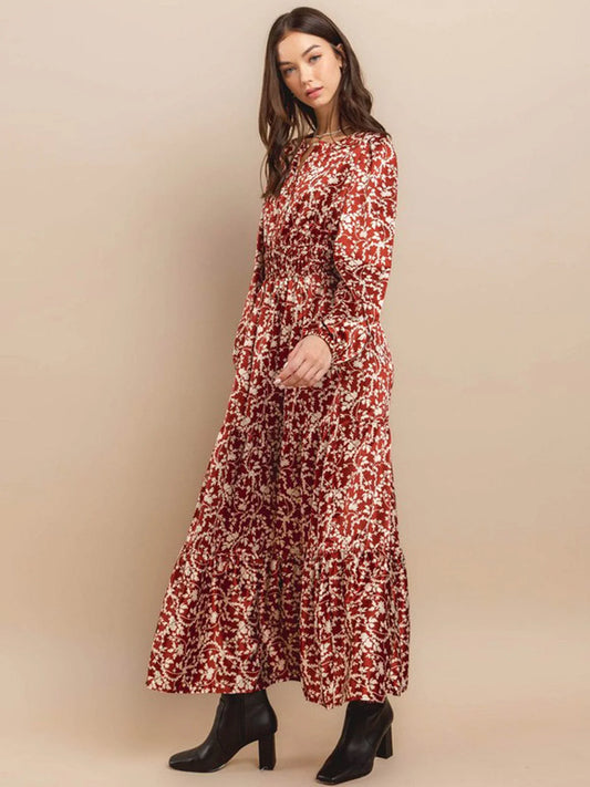 Long Sleeve Mock Neck Tiered Leaf Maxi Dress