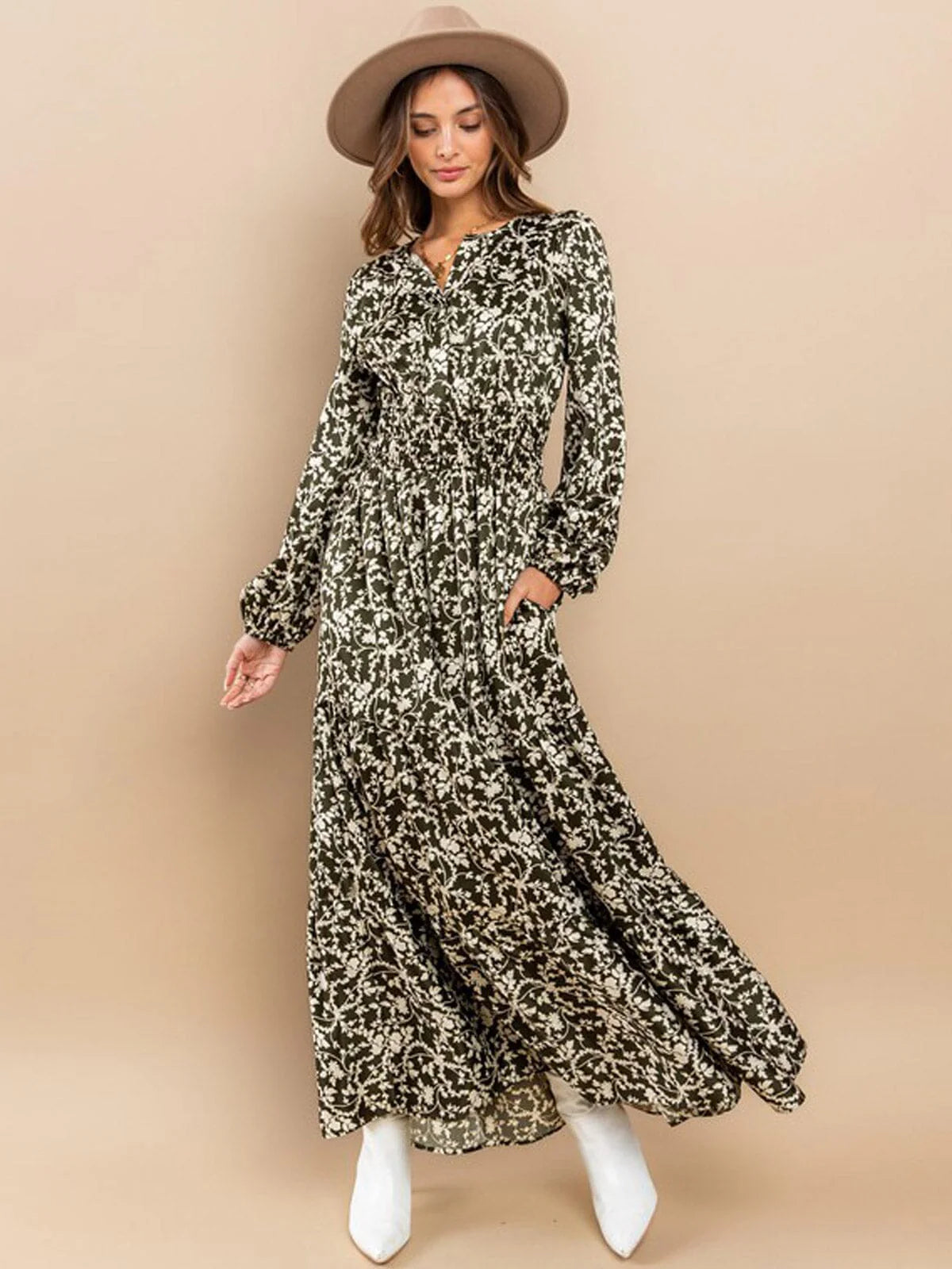 Long Sleeve Mock Neck Tiered Leaf Maxi Dress