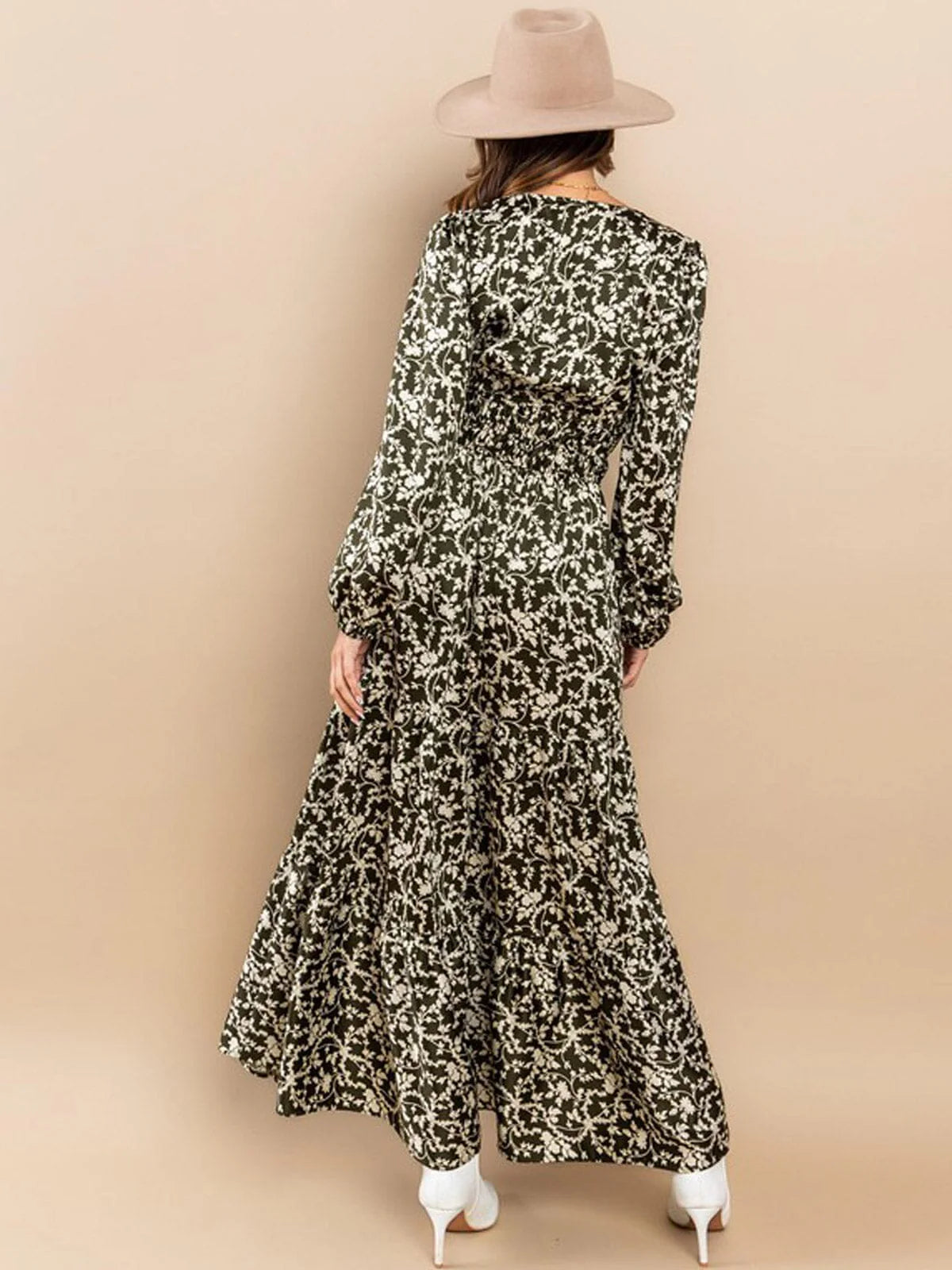 Long Sleeve Mock Neck Tiered Leaf Maxi Dress