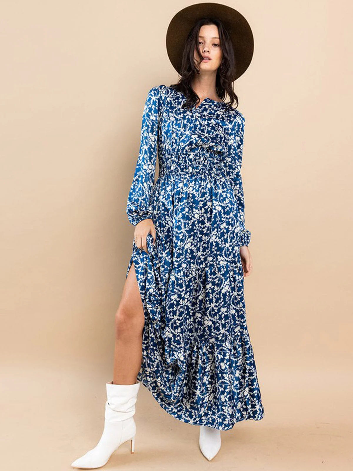 Long Sleeve Mock Neck Tiered Leaf Maxi Dress