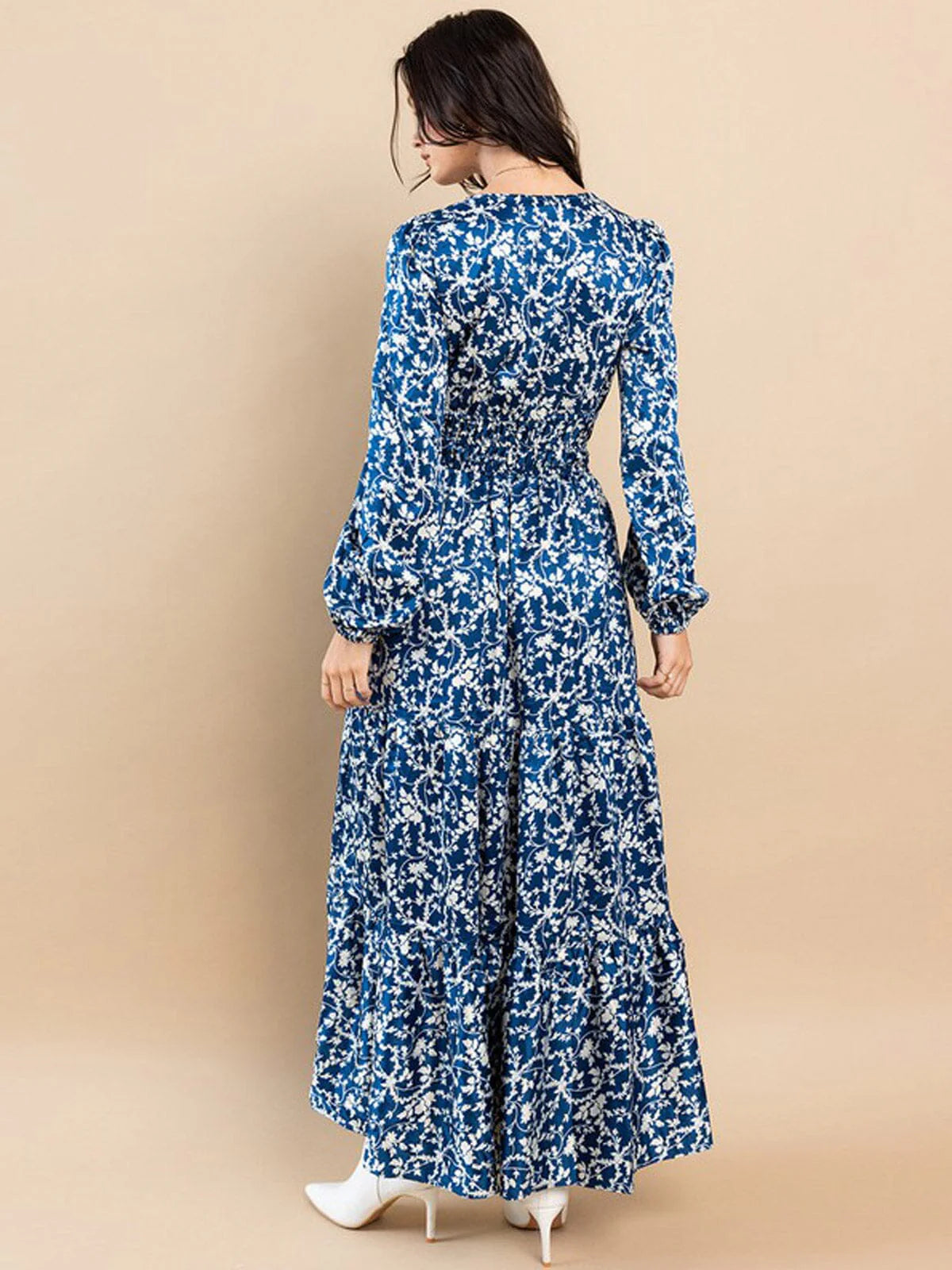 Long Sleeve Mock Neck Tiered Leaf Maxi Dress