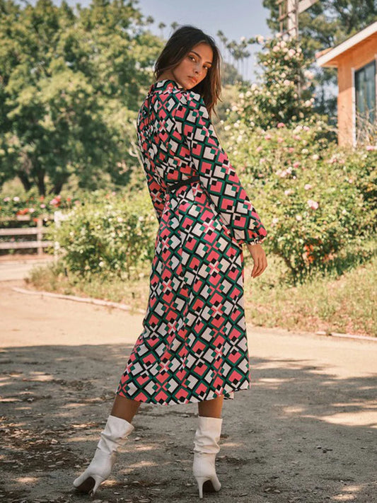 Long Sleeve Mock Neck Multi-Print Maxi Dress