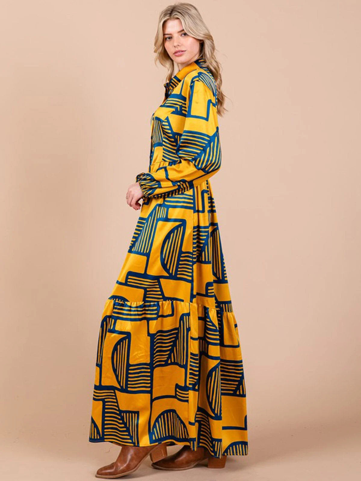 Long Sleeve Button Up Multi Print Maxi Dress