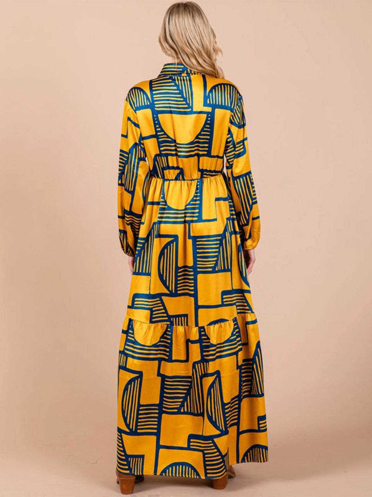 Long Sleeve Button Up Multi Print Maxi Dress