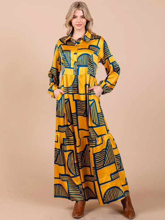 Long Sleeve Button Up Multi Print Maxi Dress