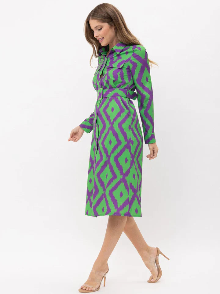 Long Sleeve Button Up Printed Midi Dress