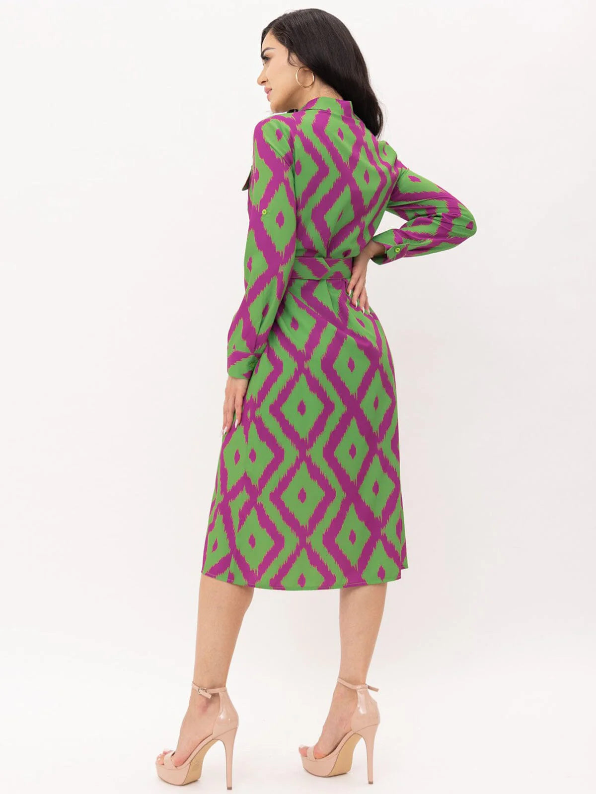 Long Sleeve Button Up Printed Midi Dress