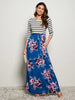 3/4 Sleeves Floral Stripes Maxi Dress