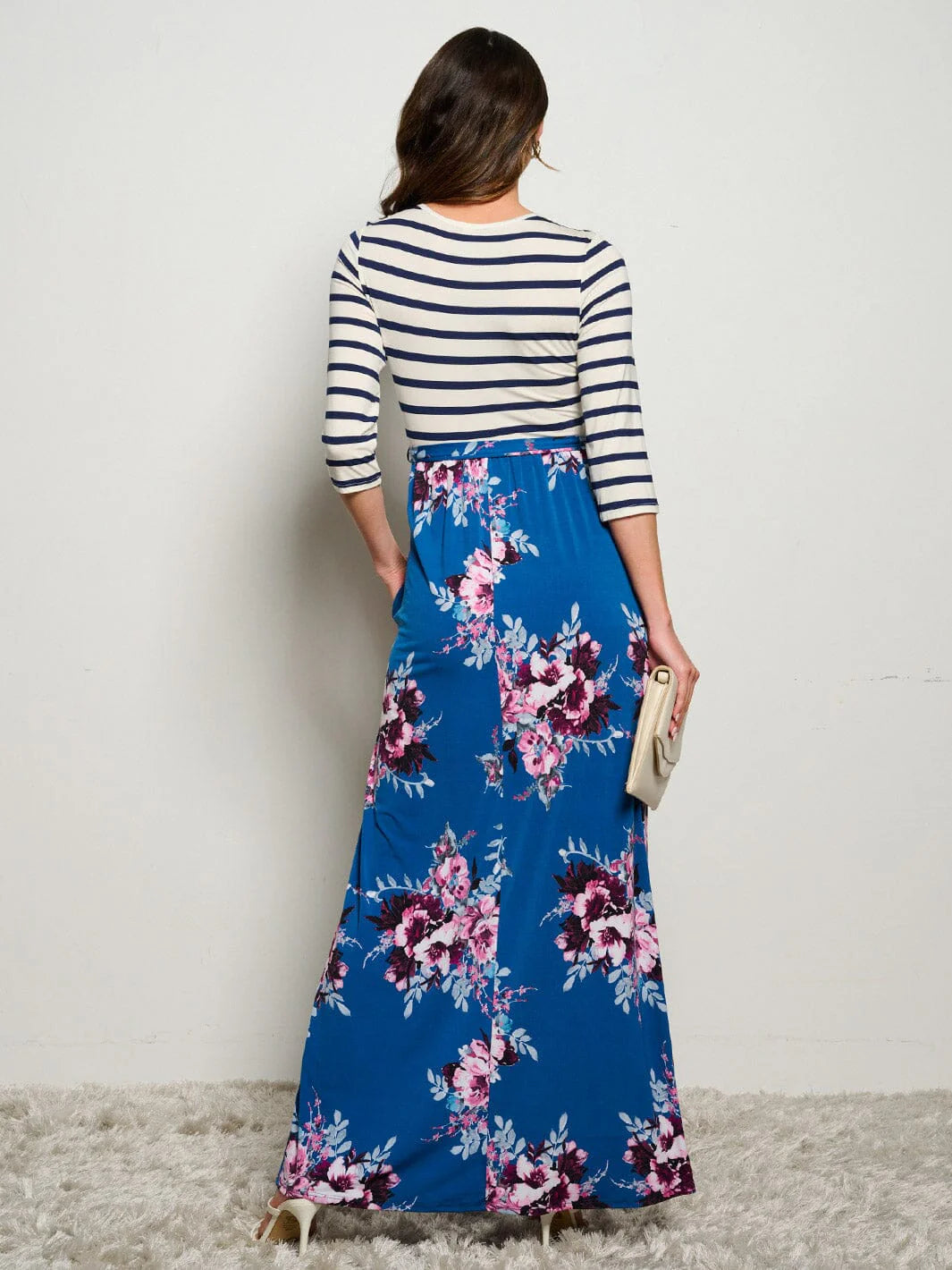 3/4 Sleeves Floral Stripes Maxi Dress