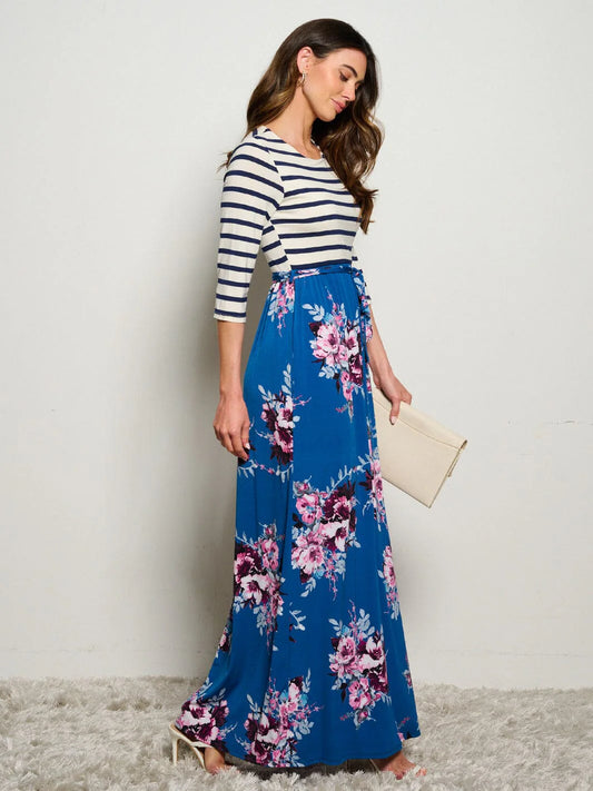 3/4 Sleeves Floral Stripes Maxi Dress