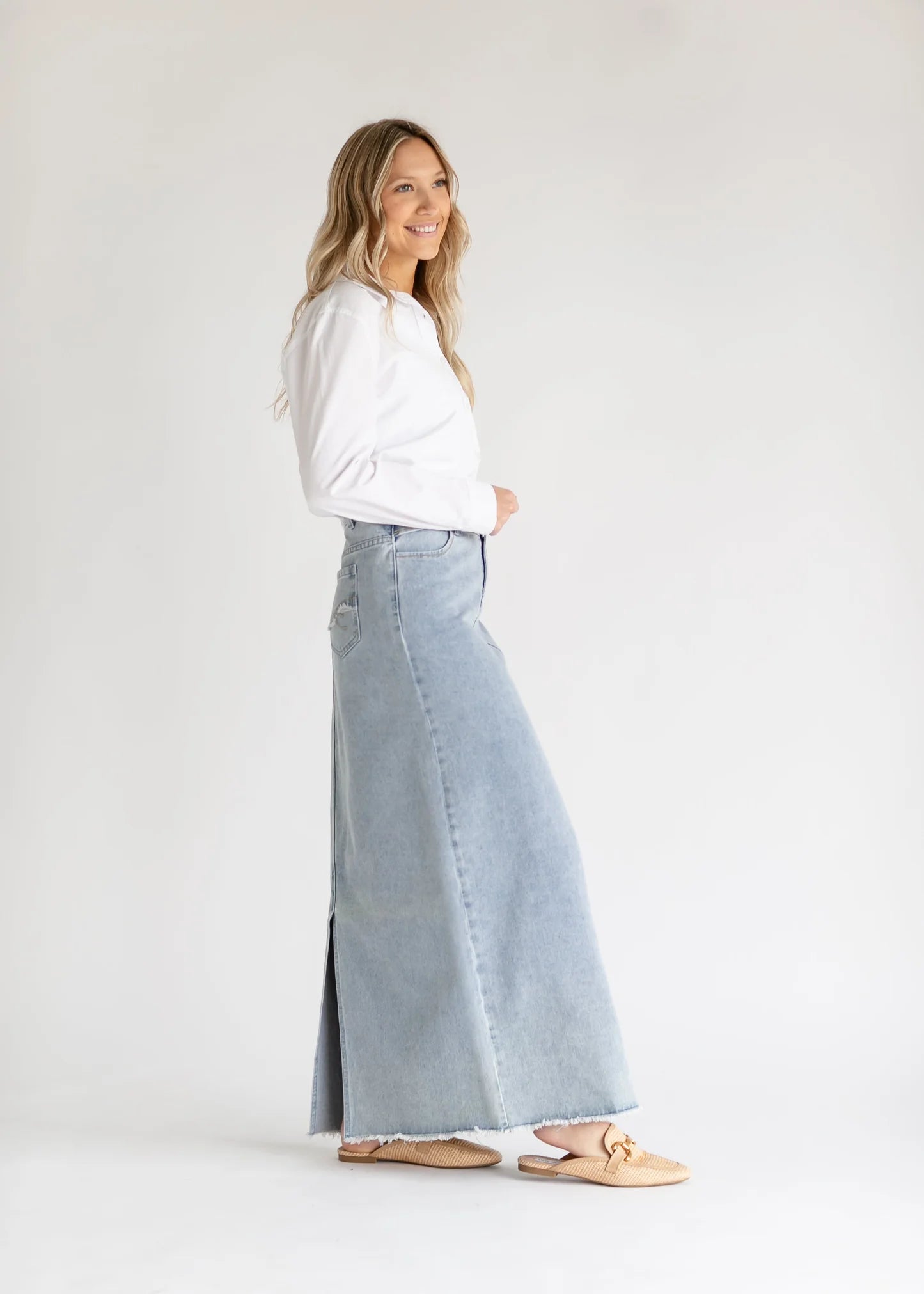 Light Wash Long Frayed Hem Denim Skirt