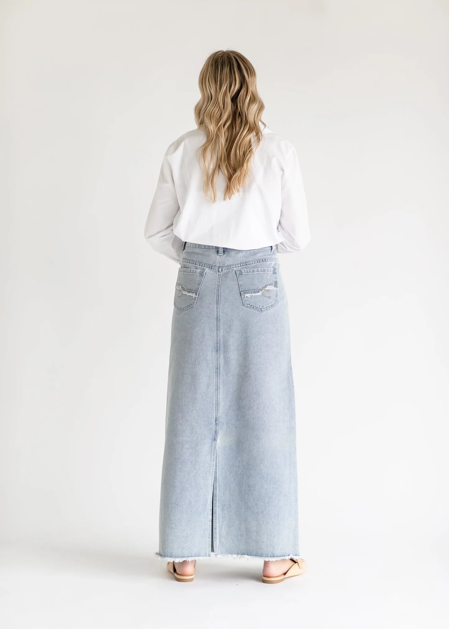 Light Wash Midi Frayed Hem Denim Skirt