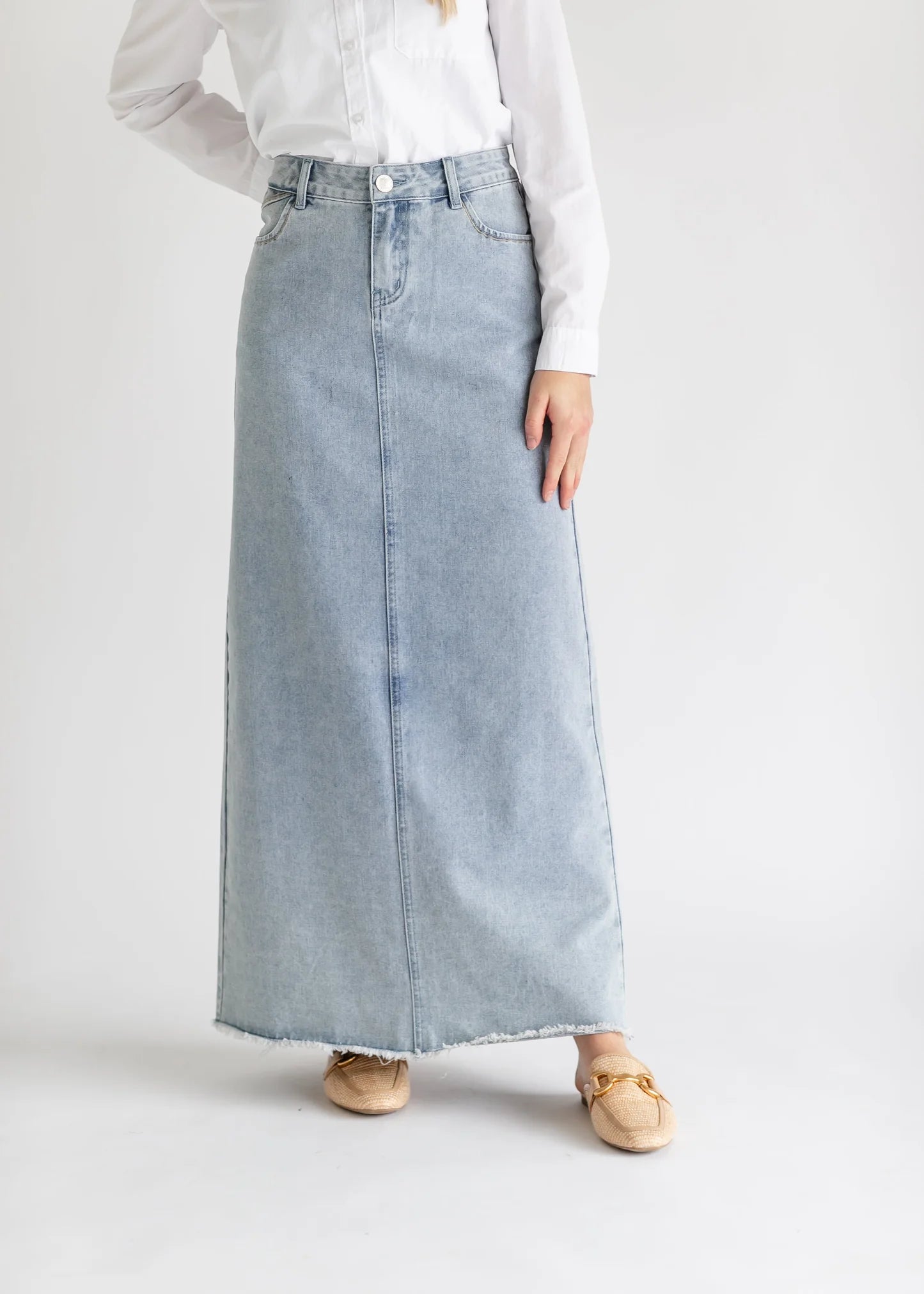 Light Wash Midi Frayed Hem Denim Skirt