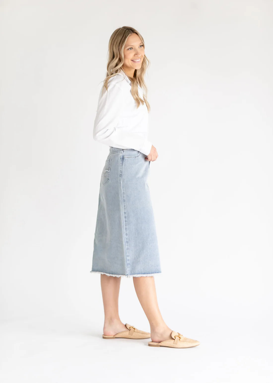 Light Wash Midi Frayed Hem Denim Skirt