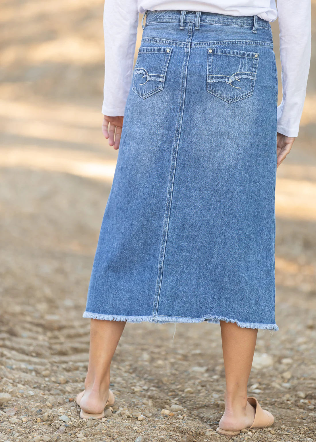 Midi Frayed Hem Denim Skirt