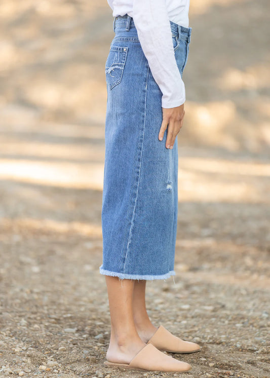 Midi Frayed Hem Denim Skirt