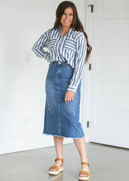 Midi Frayed Hem Denim Skirt