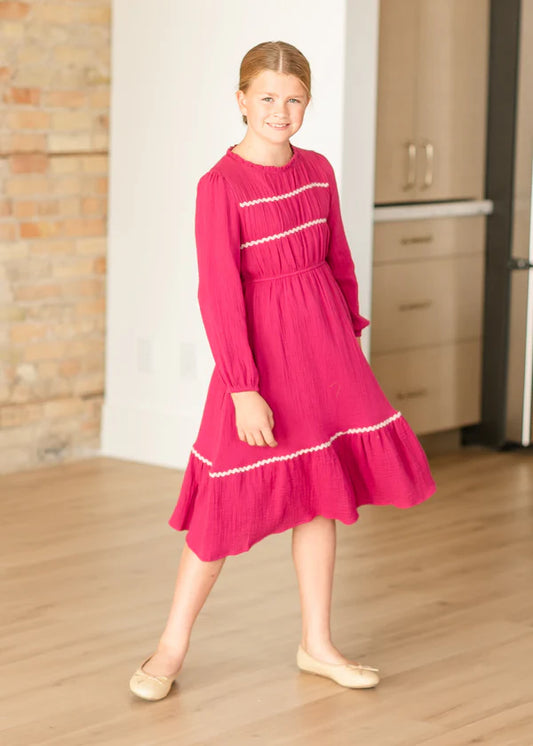 Girl's Pink Wavy Trimmed Dress