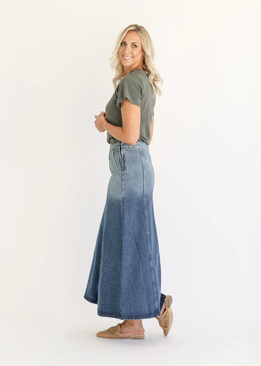 Paneled Denim Maxi Skirt