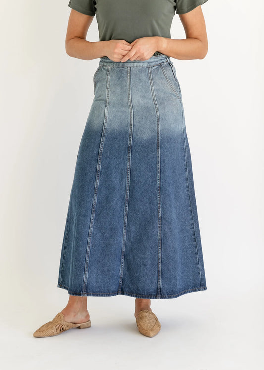 Paneled Denim Maxi Skirt