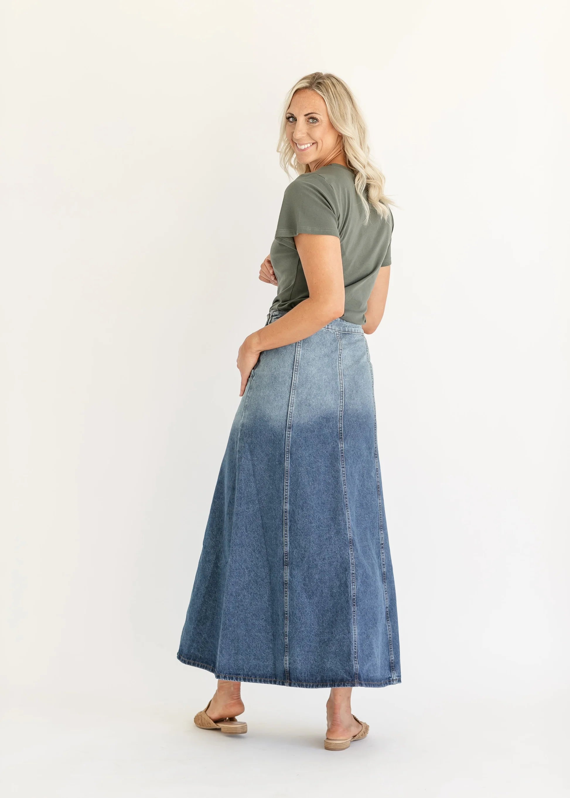 Paneled Denim Maxi Skirt