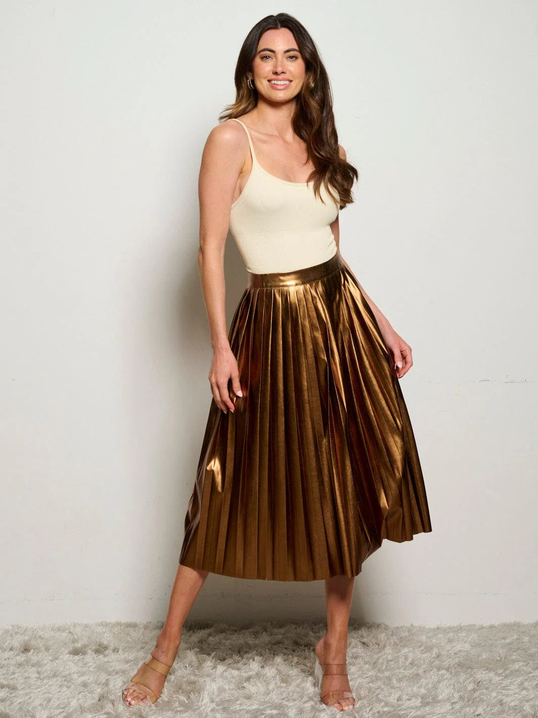 Women's Zip Up Pleather Metallic Pleated Midi Skirt