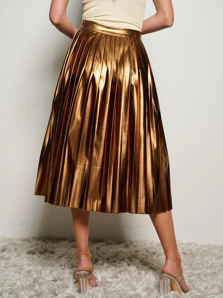 Women's Zip Up Pleather Metallic Pleated Midi Skirt